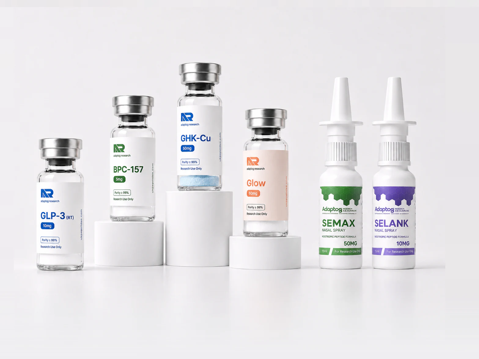 HiPeptides research peptide vials — BPC-157, GLP-3 Reta, GHK-Cu, ≥99% purity